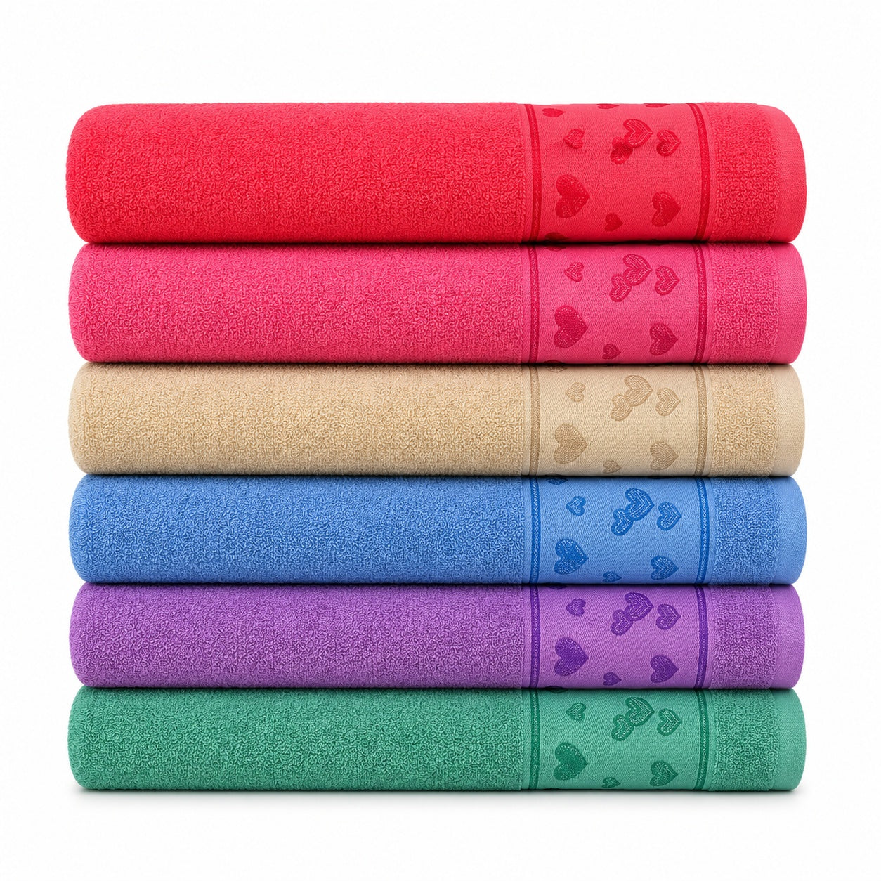 Set 12 Prosoape de Baie 70x140 cm – Prosoape cu Model Inimi, 6 Culori Elegante, Moi și Absorbante