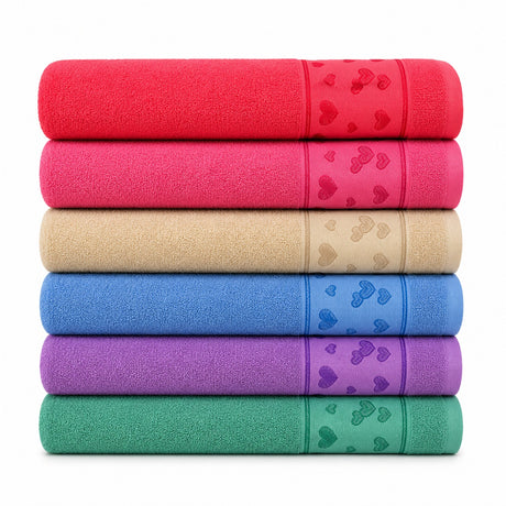 Set 12 Prosoape de Baie 70x140 cm – Prosoape cu Model Inimi, 6 Culori Elegante, Moi și Absorbante