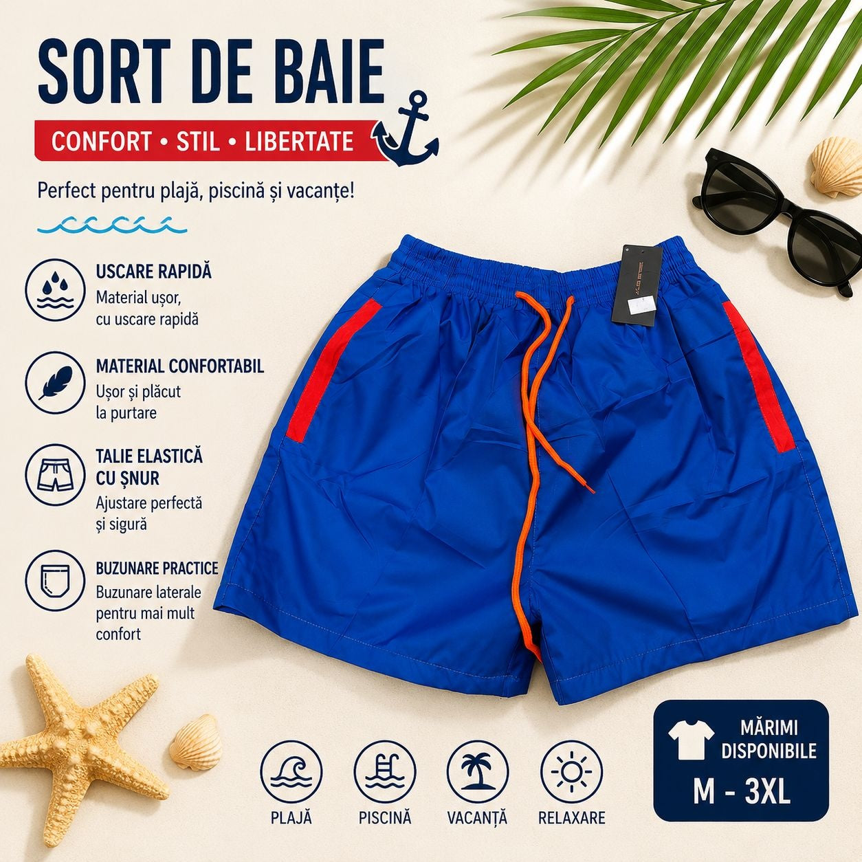 Set 12 Sorturi de Baie Bărbați Albastre cu Șnur și Buzunare – Uscare Rapidă