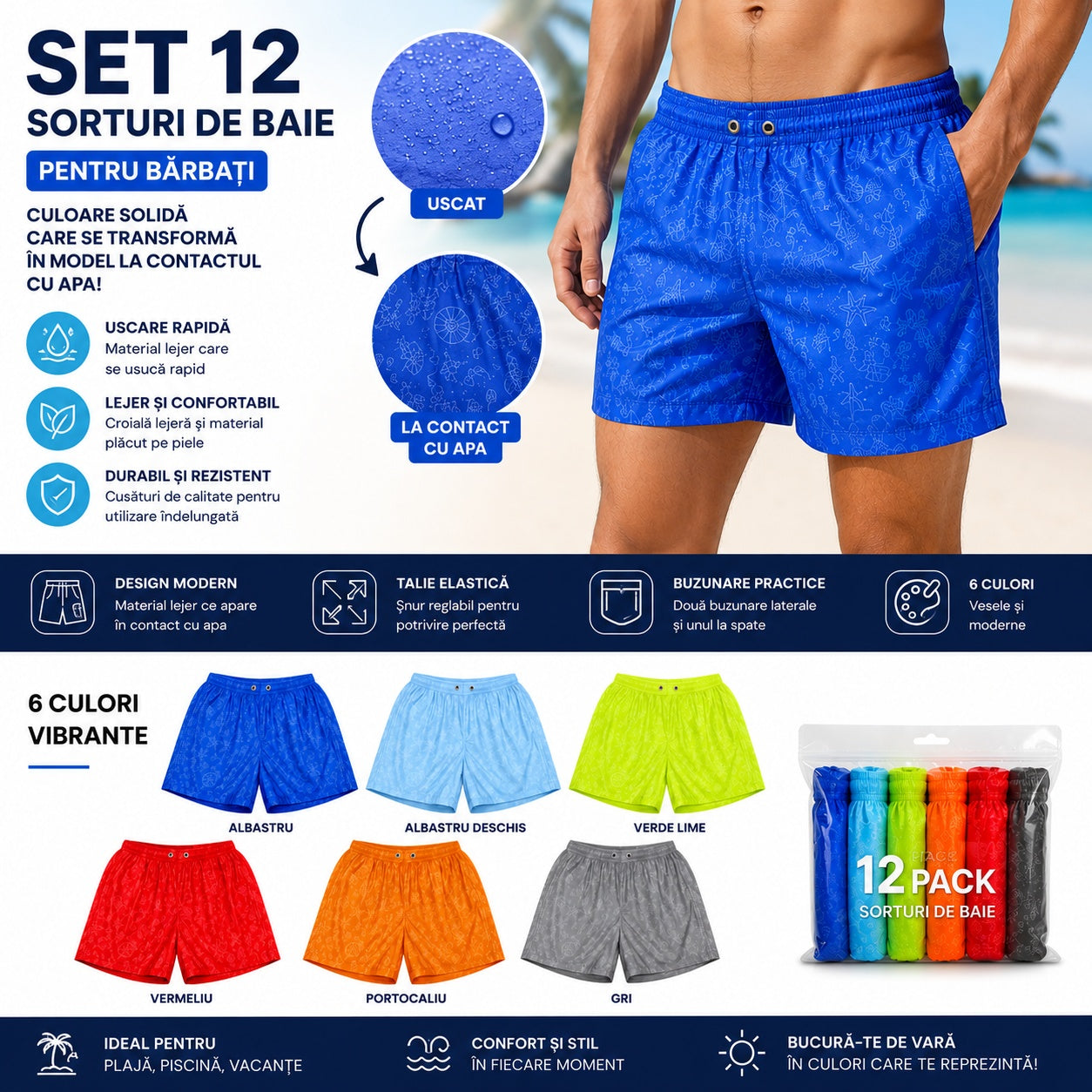 Set 12 Sorturi de Baie Bărbați cu Model Scoici Activat la Contactul cu Apa – Culori și Mărimi Asortate Incluse