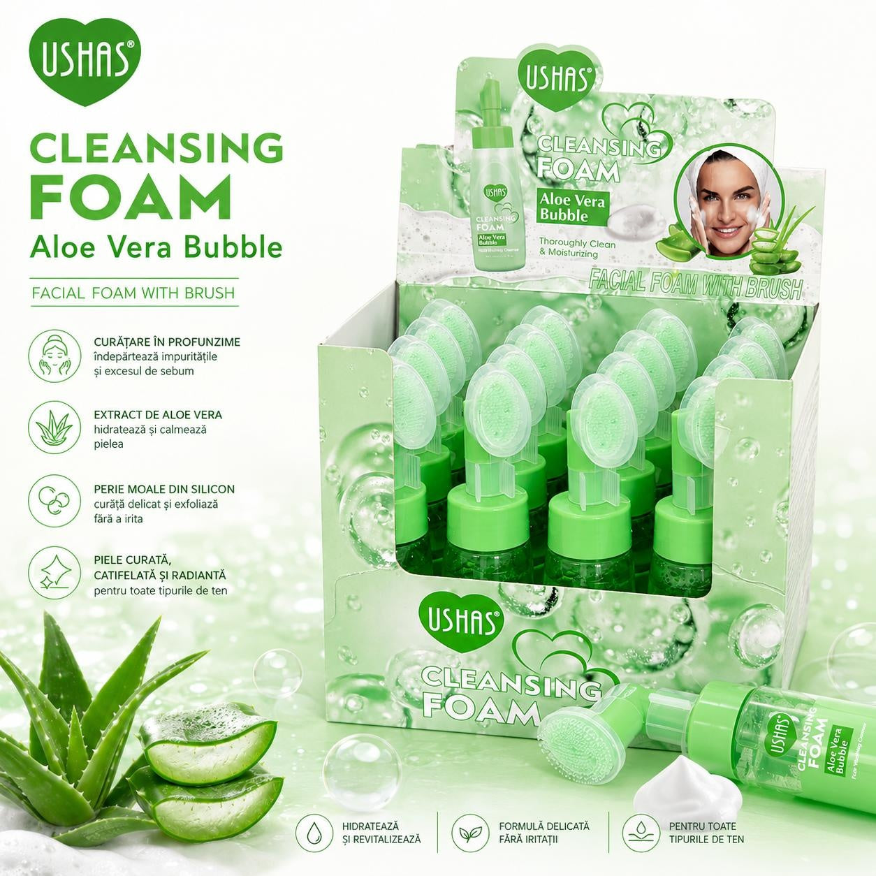 Set 12 Spumă de Curățare Facială cu Aloe Vera și Perie din Silicon USHAS, 240g