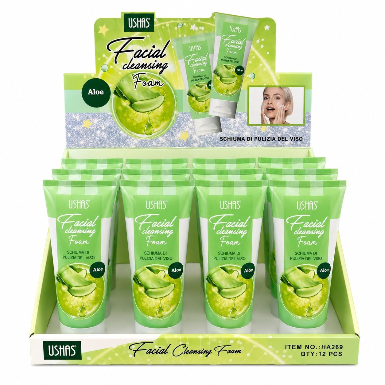 Set 12 Spuma de Curățare pentru Față USHAS Aloe Vera – Curățare Delicată, Hidratare și Calmarea Tenului