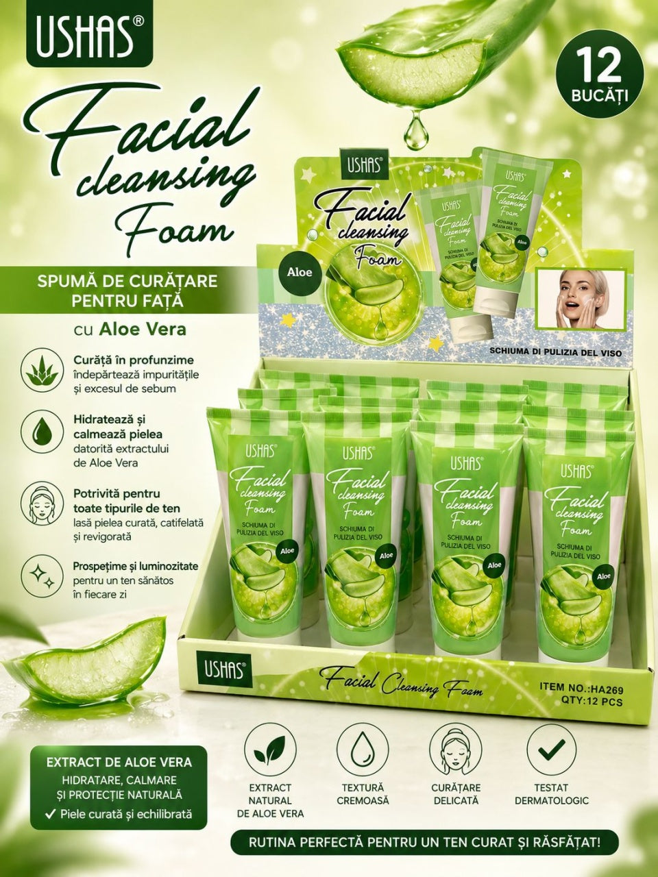 Set 12 Spuma de Curățare pentru Față USHAS Aloe Vera – Curățare Delicată, Hidratare și Calmarea Tenului