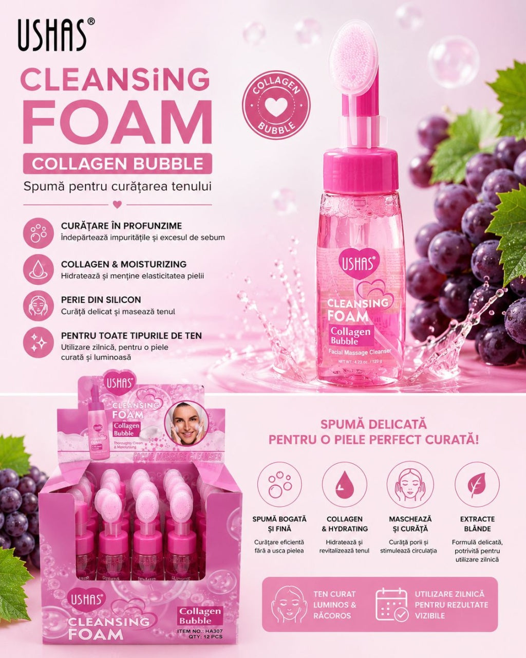 Set 12 Spuma de Curățare pentru Ten Ushas Collagen Bubble 240g – Cu Extract de Struguri