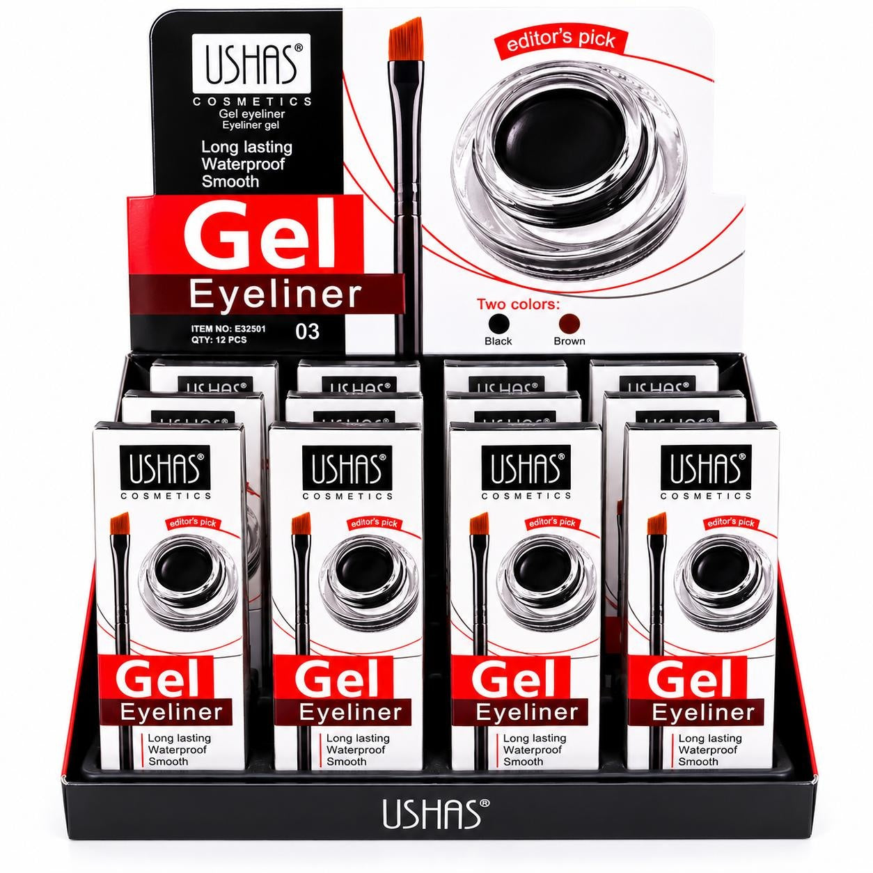 Set 12 Tus de Ochi Gel USHAS cu Pensulă Aplicatoare – Waterproof, Long Lasting, Negru și Maro