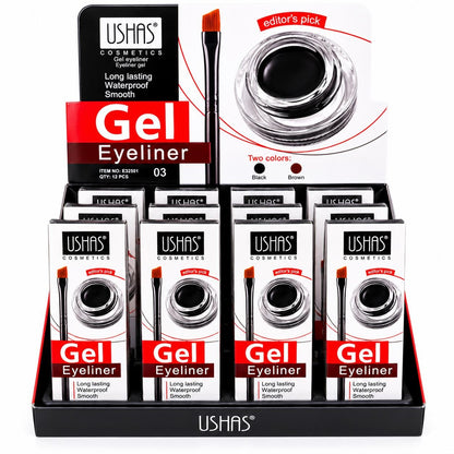 Set 12 Tus de Ochi Gel USHAS cu Pensulă Aplicatoare – Waterproof, Long Lasting, Negru și Maro