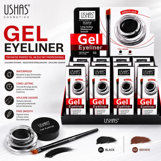 Set 12 Tus de Ochi Gel USHAS cu Pensulă Aplicatoare – Waterproof, Long Lasting, Negru și Maro