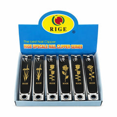 Set 12 unghiere profesionale RIGE din otel inoxidabil, design negru cu auriu