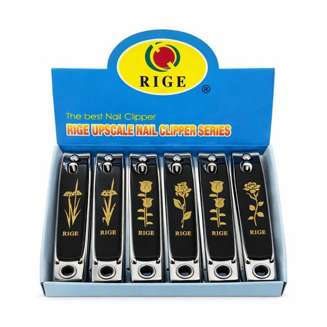 Set 12 unghiere profesionale RIGE din otel inoxidabil, design negru cu auriu