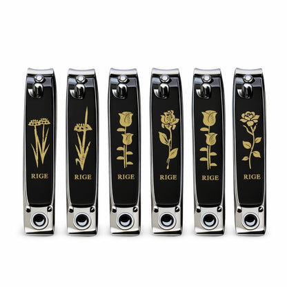 Set 12 unghiere profesionale RIGE din otel inoxidabil, design negru cu auriu