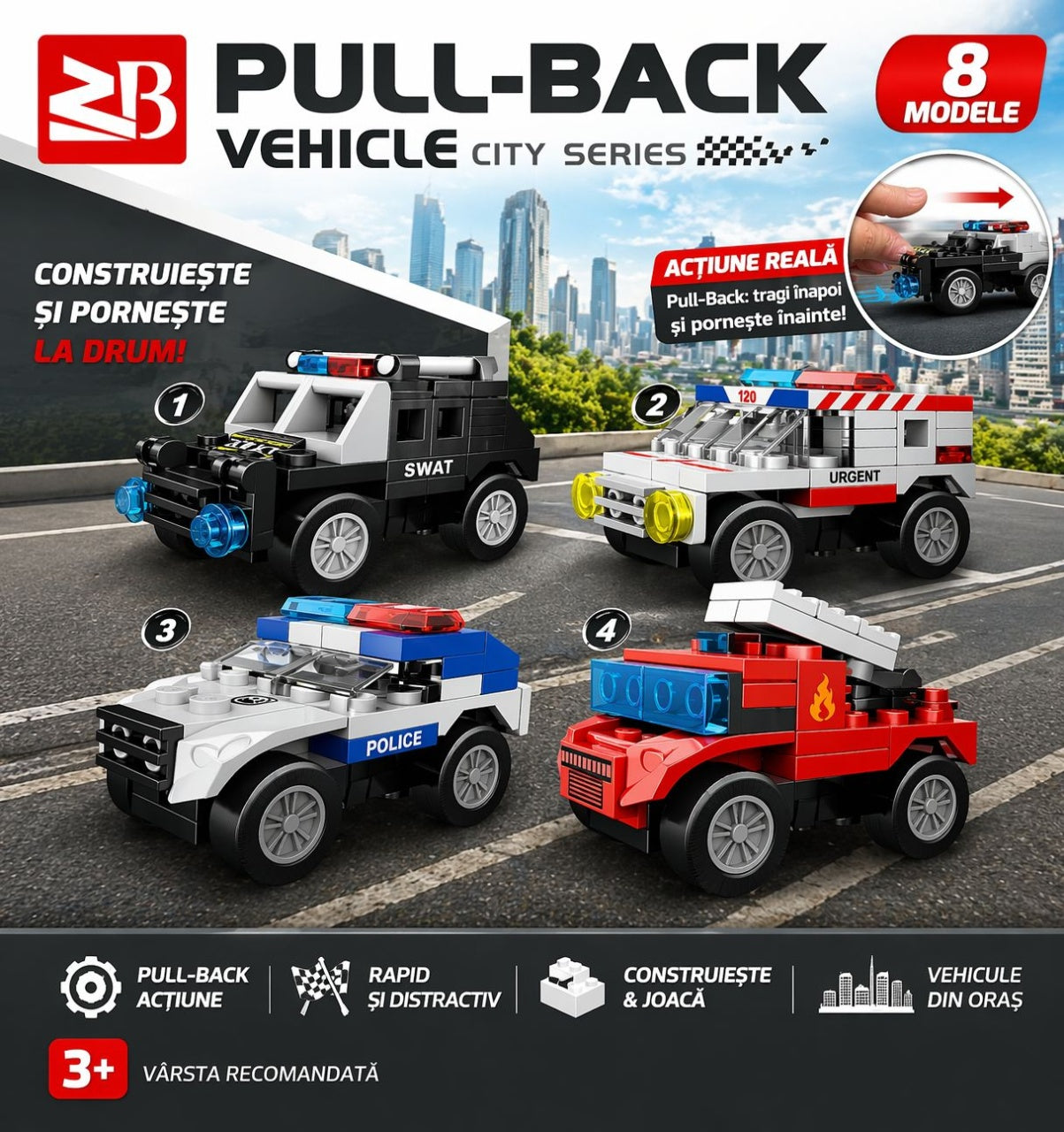 Set 16 jocuri constructie vehicule interventii si utilaje, modele multiple, copii