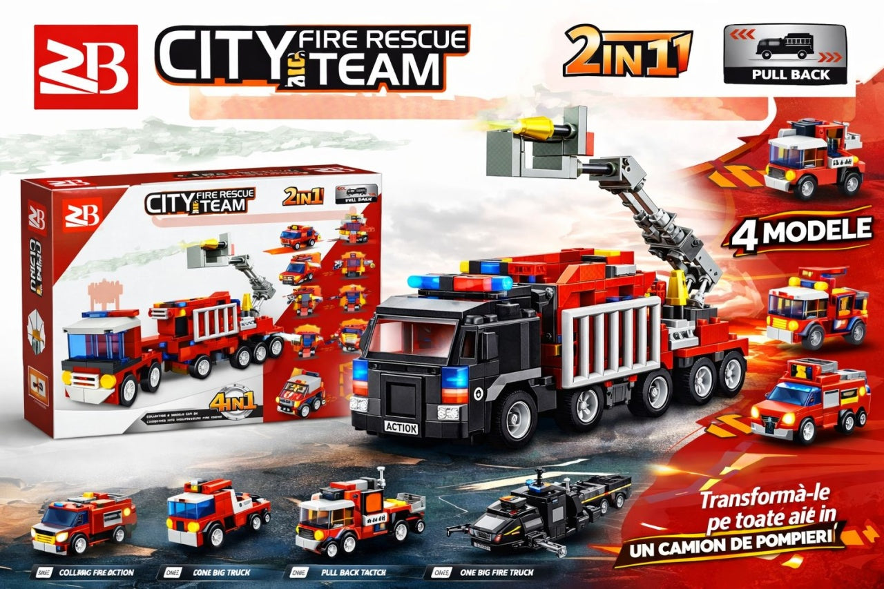 Set 16 jocuri constructie vehicule pompieri interconectabile, modele multiple, copii