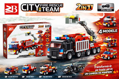 Set 16 jocuri constructie vehicule pompieri interconectabile, modele multiple, copii