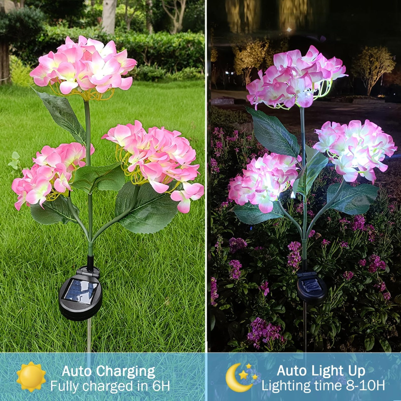Set 2 Lămpi de grădină cu LED-uri solare, flori roz, plastic, auto-încărcare