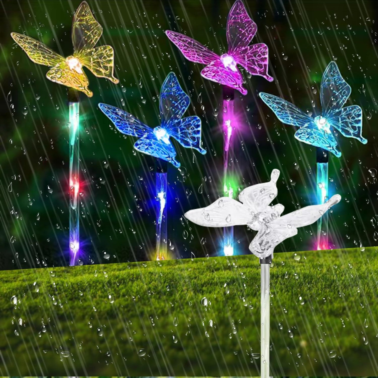 Set 2 Lămpi solare de grădină LED, multicolore, model cu fluturi , 33x6 cm, plastic