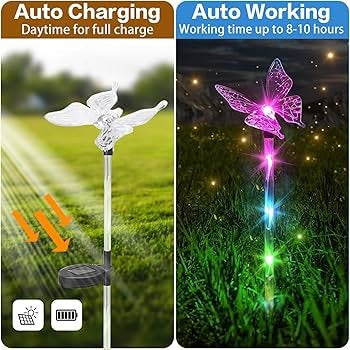 Set 2 Lămpi solare de grădină LED, multicolore, model cu fluturi , 33x6 cm, plastic