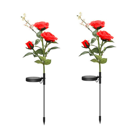 Set 2 Lămpi Solare Decorative de Grădină, Flori de Plastic cu LED, Roșu, Rezistente la Apă