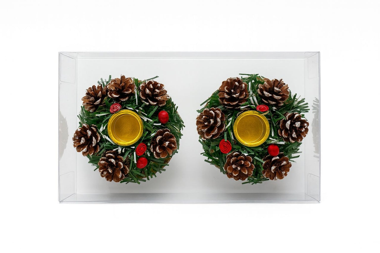 Set 2 suporturi lumanari Craciun cu conuri de brad si decor verde, 20x11cm