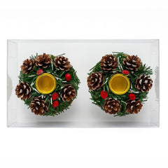 Set 2 suporturi lumanari Craciun cu conuri de brad si decor verde, 20x11cm