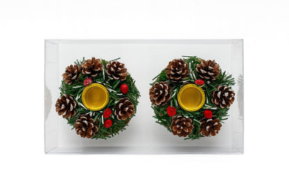 Set 2 suporturi lumanari Craciun cu conuri de brad si decor verde, 20x11cm