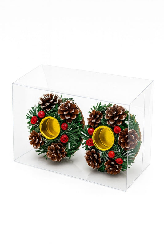 Set 2 suporturi lumanari Craciun cu conuri de brad si decor verde, 20x11cm