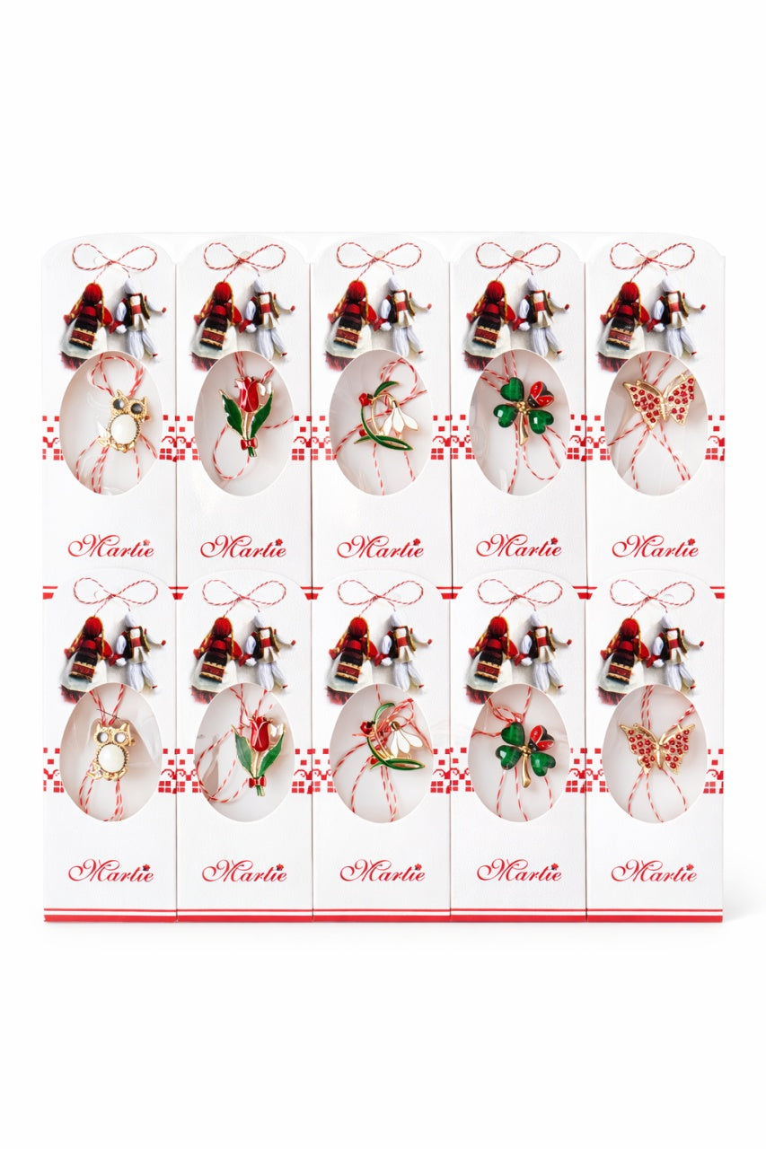Set 20 Martisoare cu Snur Traditional si Element Decorativ Metalic, Ambalate Individual 14x1x5 cm