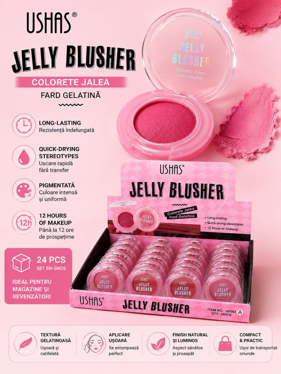 Set 24 Blush Jelly Ushas – Fard de Obraz Gelatină, Efect Natural, Textură Lejeră și Rezistență Îndelungată