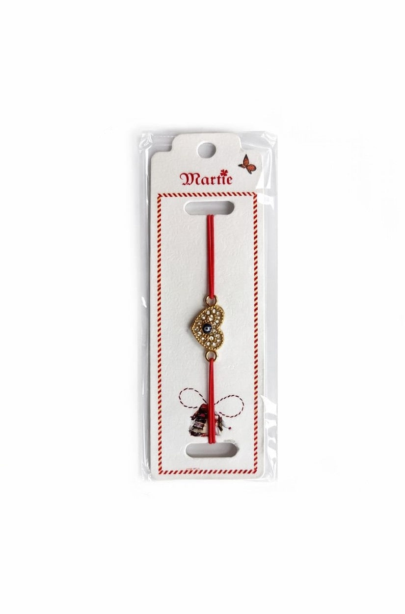 Set 24 bratari martisor 12x3 cm snur rosu cu charm inima albastra, cadou primavara