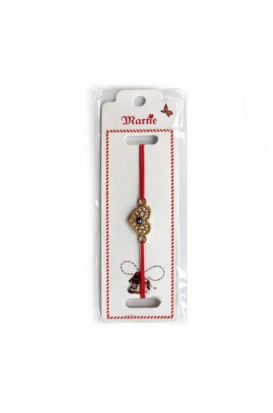 Set 24 bratari martisor 12x3 cm snur rosu cu charm inima albastra, cadou primavara