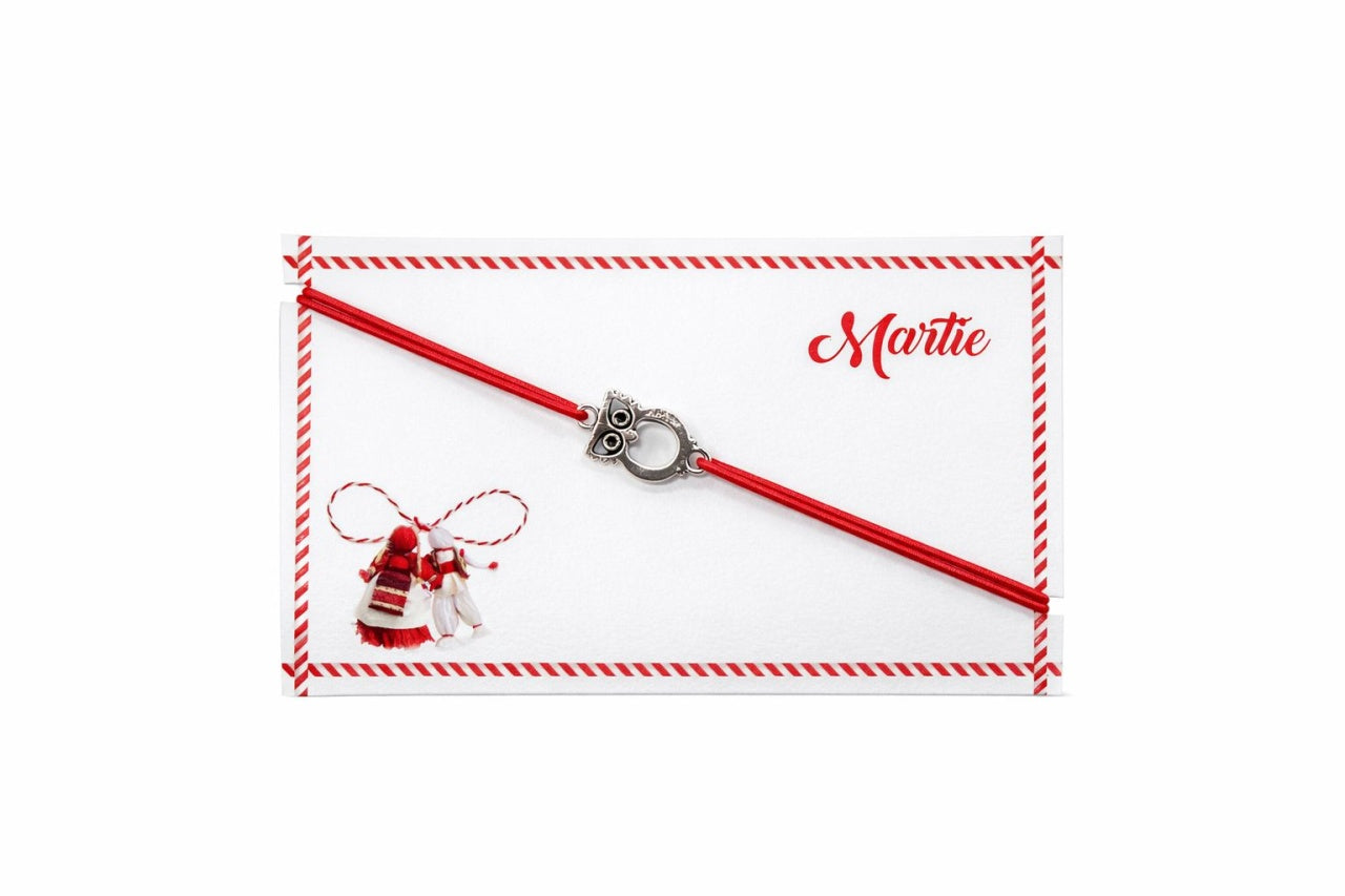 Set 24 bratari martisor 8x5 cm snur rosu cu charm bufnita, cadou primavara