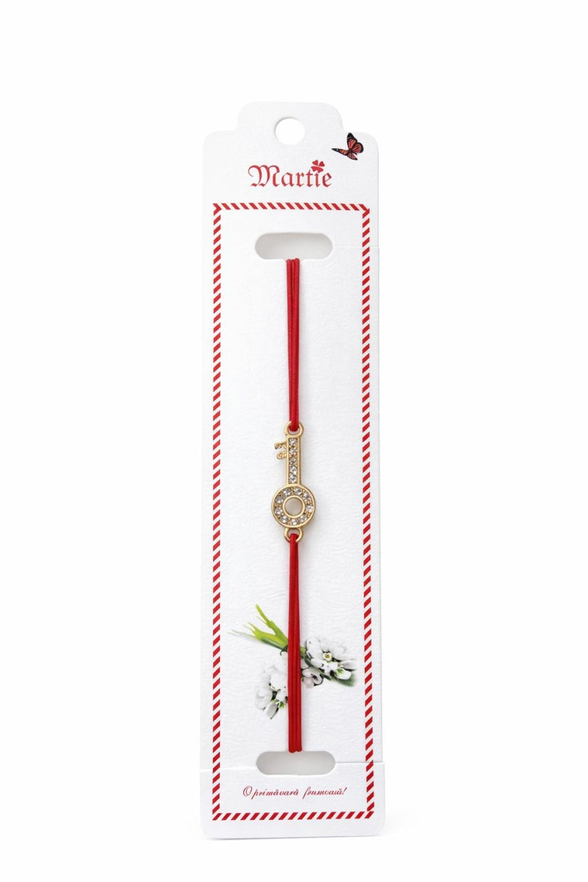 Set 24 Bratari Martisor Cheia Succesului Aurie cu Strasuri, Snur Rosu, 12x3 cm