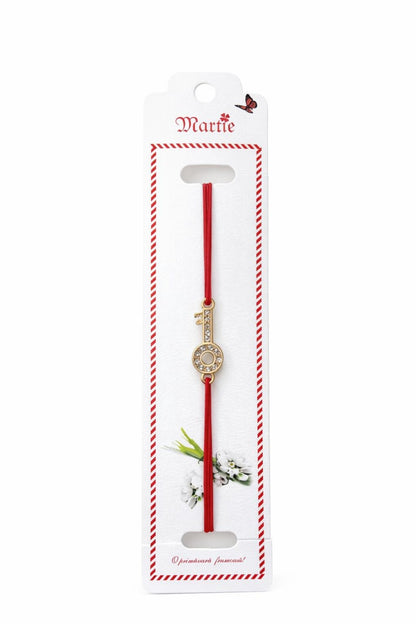 Set 24 Bratari Martisor Cheia Succesului Aurie cu Strasuri, Snur Rosu, 12x3 cm