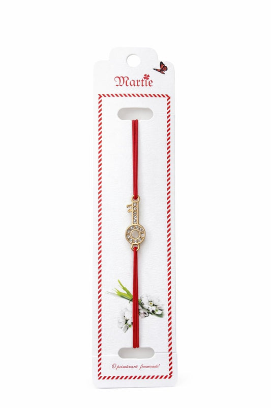 Set 24 Bratari Martisor Cheia Succesului Aurie cu Strasuri, Snur Rosu, 12x3 cm