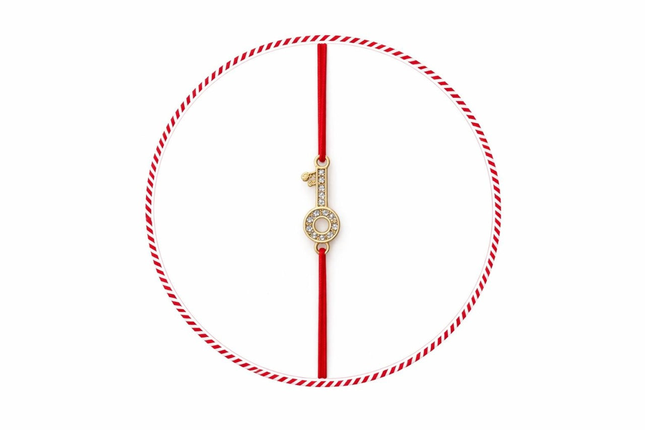 Set 24 Bratari Martisor Cheia Succesului Aurie cu Strasuri, Snur Rosu, 12x3 cm