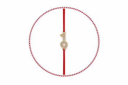 Set 24 Bratari Martisor Cheia Succesului Aurie cu Strasuri, Snur Rosu, 12x3 cm