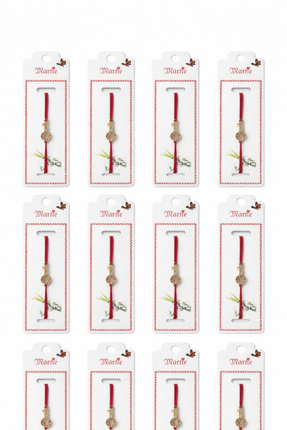 Set 24 Bratari Martisor Cheia Succesului Aurie cu Strasuri, Snur Rosu, 12x3 cm