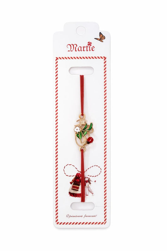Set 24 Bratari Martisor cu Cosulet Auriu, Ghiocei si Buburuza, Snur Rosu Elastic