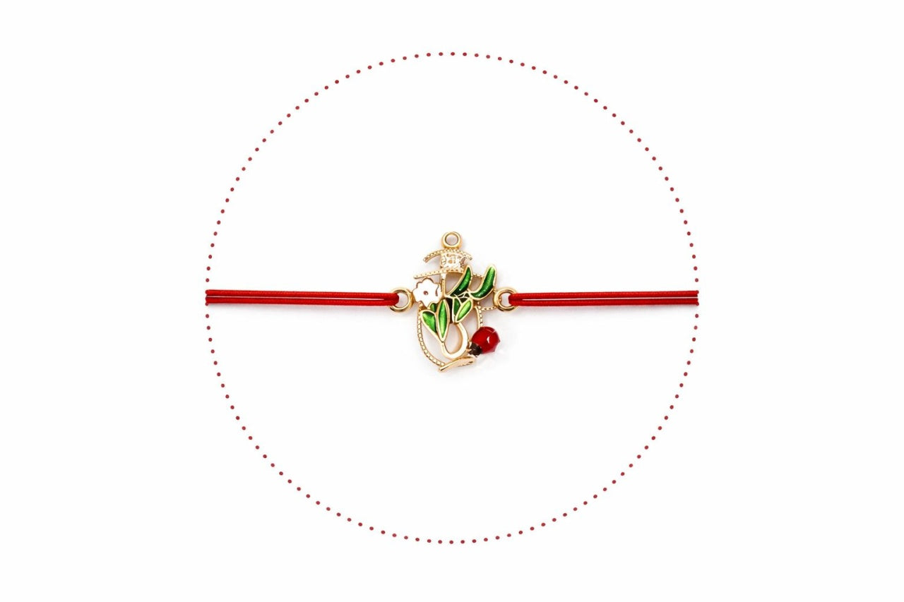 Set 24 Bratari Martisor cu Cosulet Auriu, Ghiocei si Buburuza, Snur Rosu Elastic