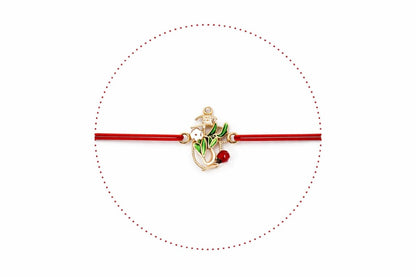Set 24 Bratari Martisor cu Cosulet Auriu, Ghiocei si Buburuza, Snur Rosu Elastic