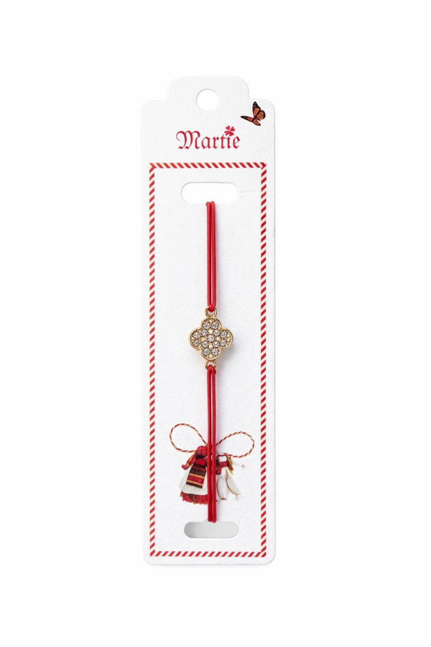 Set 24 Bratari Martisor cu Floare Aurie si Strasuri, Snur Rosu Elastic