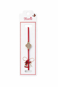 Set 24 Bratari Martisor cu Floare Aurie si Strasuri, Snur Rosu Elastic