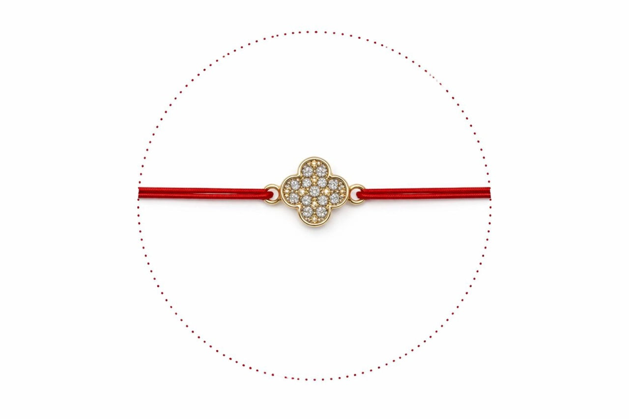 Set 24 Bratari Martisor cu Floare Aurie si Strasuri, Snur Rosu Elastic