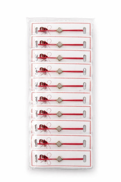 Set 24 Bratari Martisor cu Floare Aurie si Strasuri, Snur Rosu Elastic