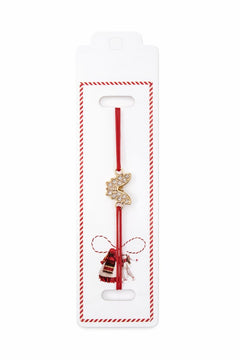 Set 24 Bratari Martisor cu Fluturas Auriu si Strasuri, Snur Rosu Elastic