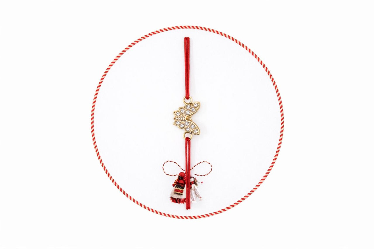 Set 24 Bratari Martisor cu Fluturas Auriu si Strasuri, Snur Rosu Elastic