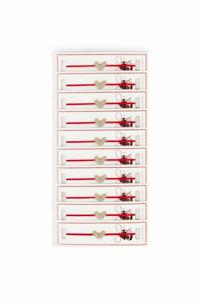 Set 24 Bratari Martisor cu Fluturas Auriu si Strasuri, Snur Rosu Elastic