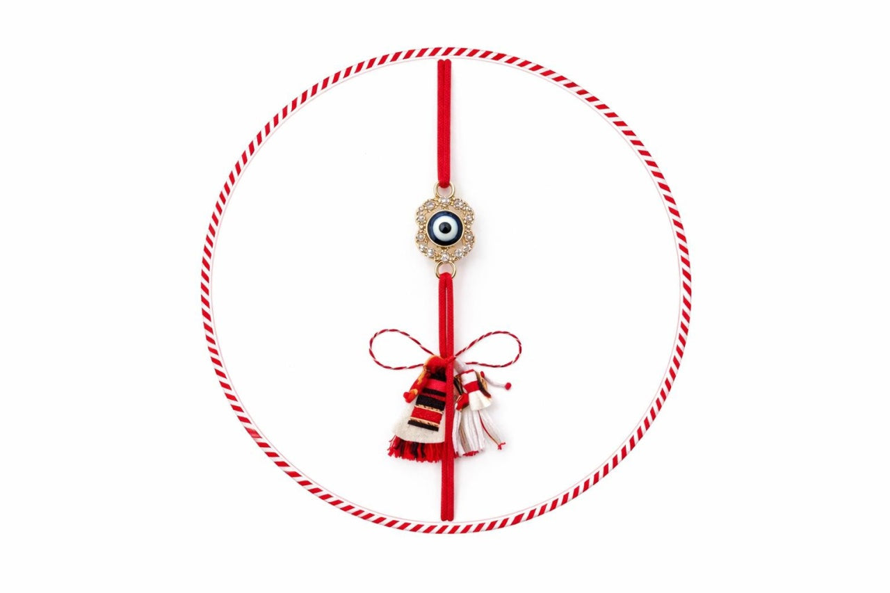 Set 24 Bratari Martisor cu Fluturas Auriu si Talisman Protector, snur rosu elastic