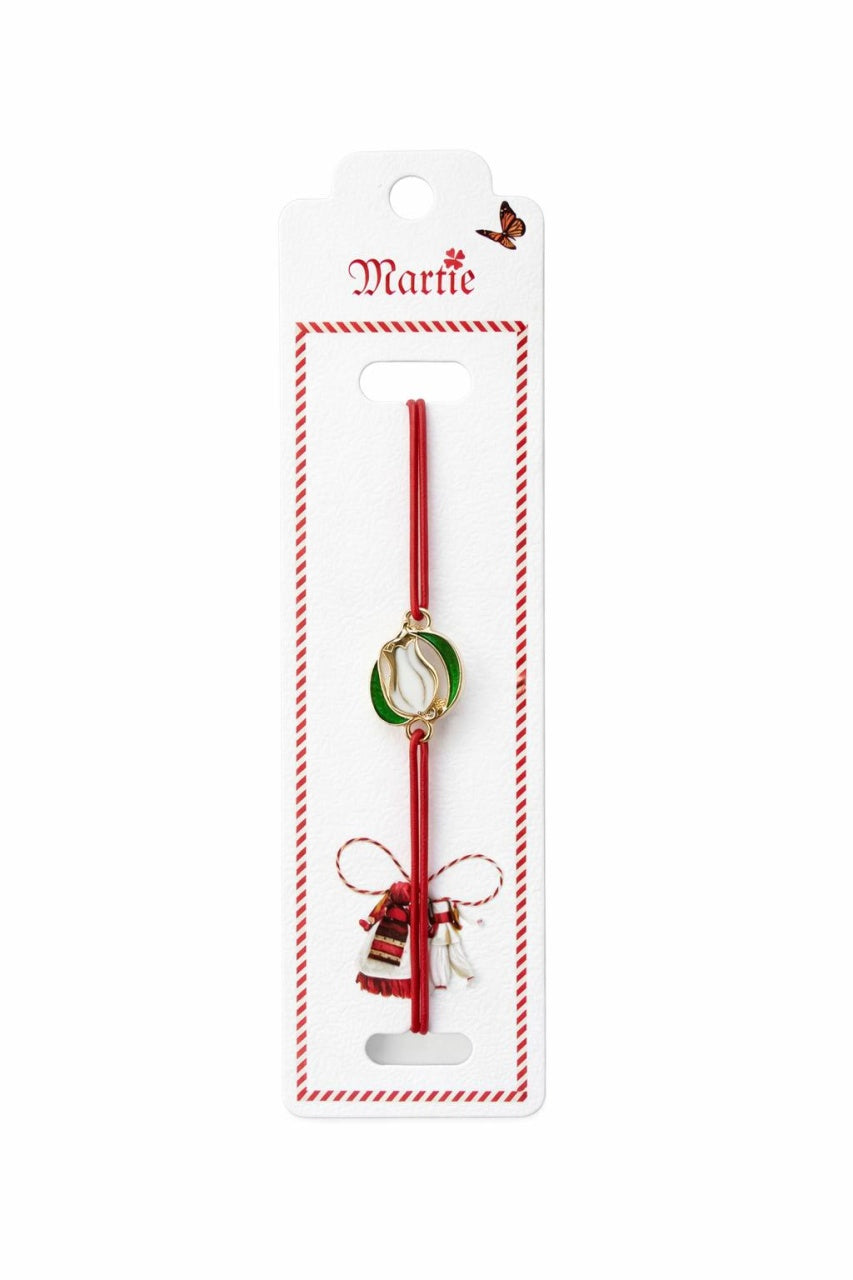 Set 24 Bratari Martisor cu Lalea Alba si Frunze, Snur Rosu Elastic, 12x3 cm