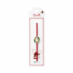 Set 24 Bratari Martisor cu Lalea Alba si Frunze, Snur Rosu Elastic, 12x3 cm