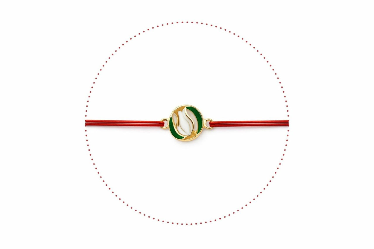Set 24 Bratari Martisor cu Lalea Alba si Frunze, Snur Rosu Elastic, 12x3 cm